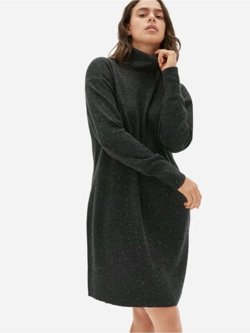 Evetrane Cashmere Turtleneck Sweater Dress  | Dark Grey Donegal | Size Small